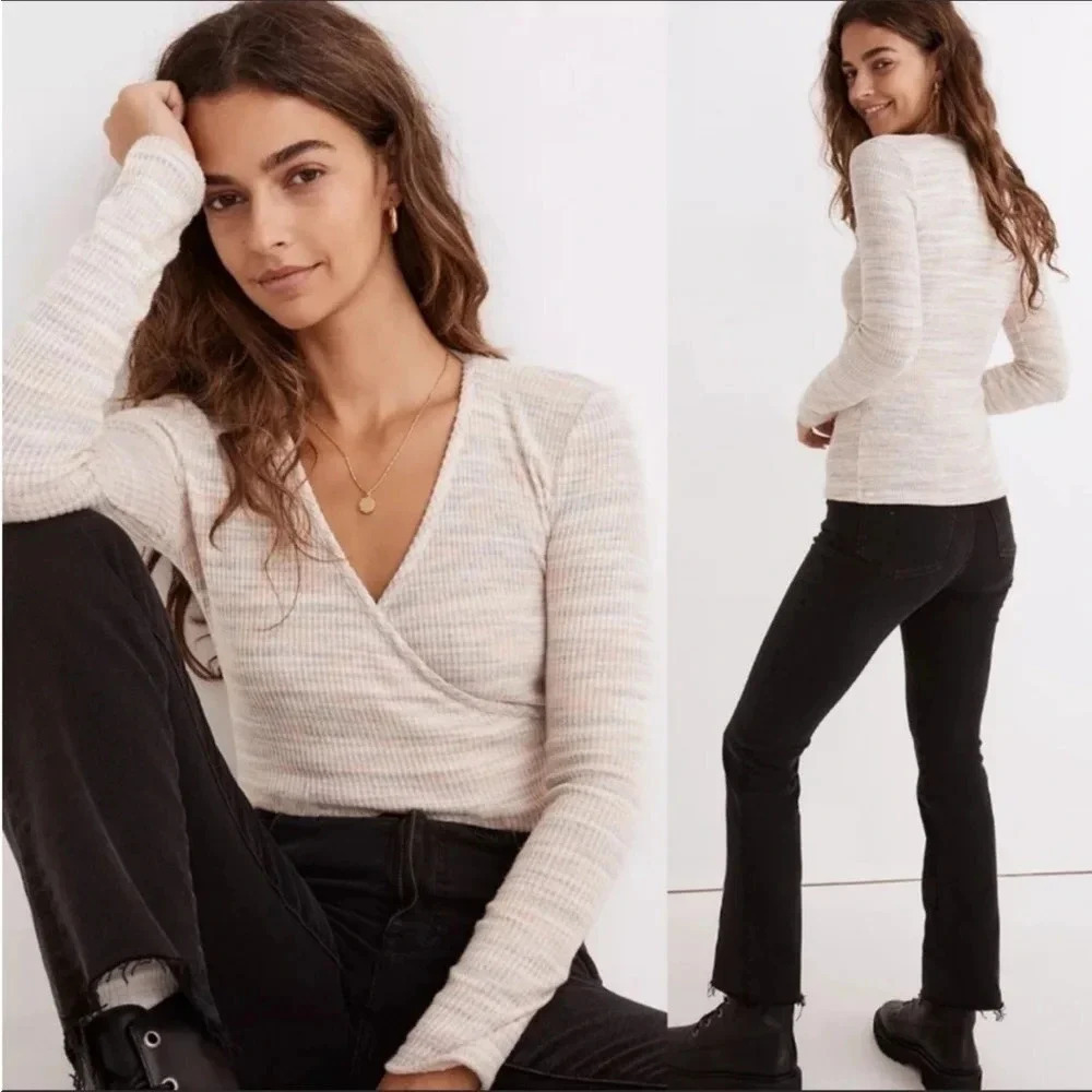 Madewell Space Dye Faux Wrap Ribbed Long Sleeve Top Sweater Blouse XXS Pastel